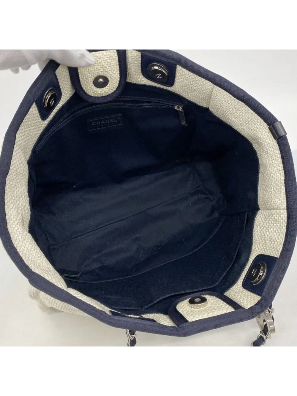 Chanel Chain Tote Deauville Straw Ivory Navy Silver